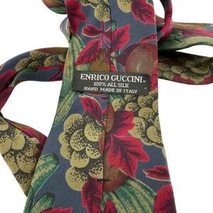 Vintage Enrico Guccini Mens 100% Silk Tie Hand Made in Italy Fruit‎ Leaf Pattern